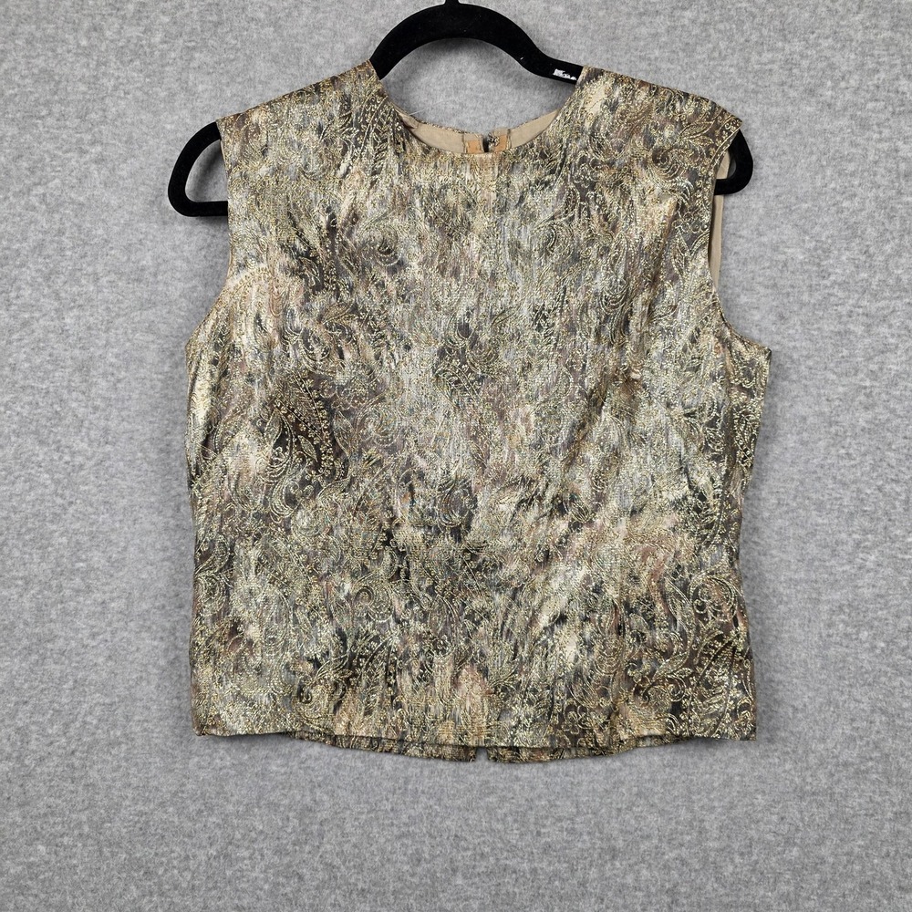 Vintage Malbe Original Blouse Womens 13/14 Gold Paisley Brocade Zip Top Party
